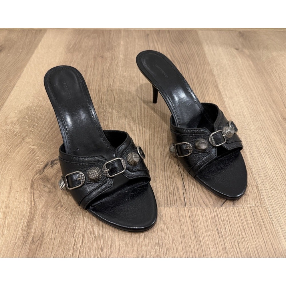 EUC Balenciaga Cagole Black Leather Studded Slide Sandals Heels Mules 38.5
